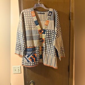 NWOT Gudrun Sjoden tan multicolor patchwork printed cardigan